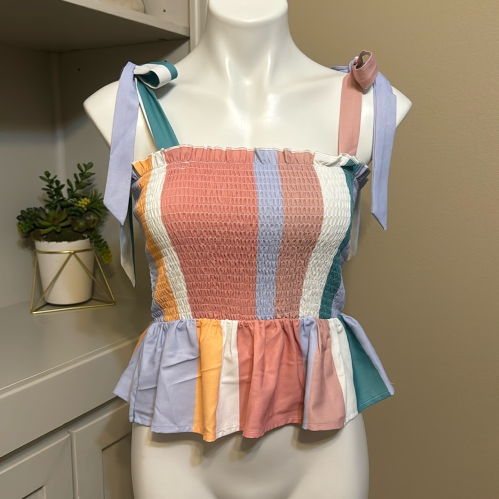 Ruffle smocked tank top tie shoulder!